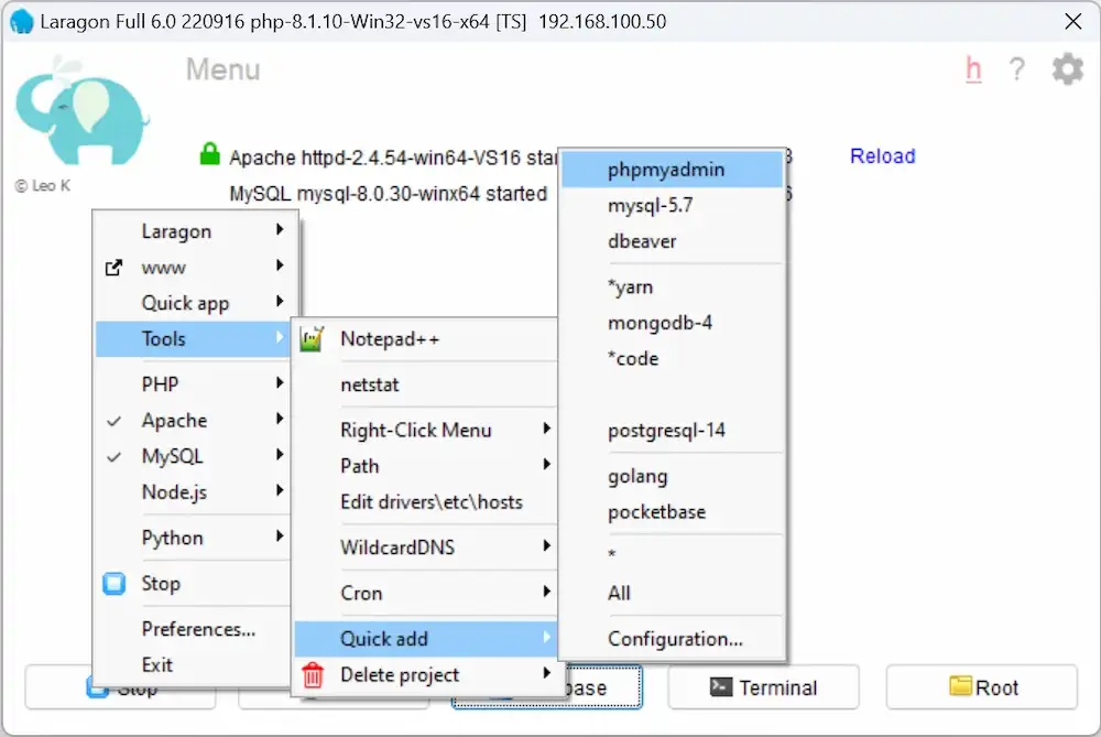 نصب phpmyadmin در لاراگون